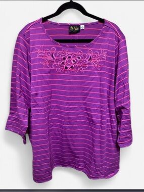 NWT Bob Mackie Purple with Pink Stripe Embroidered Scoop Neck Top